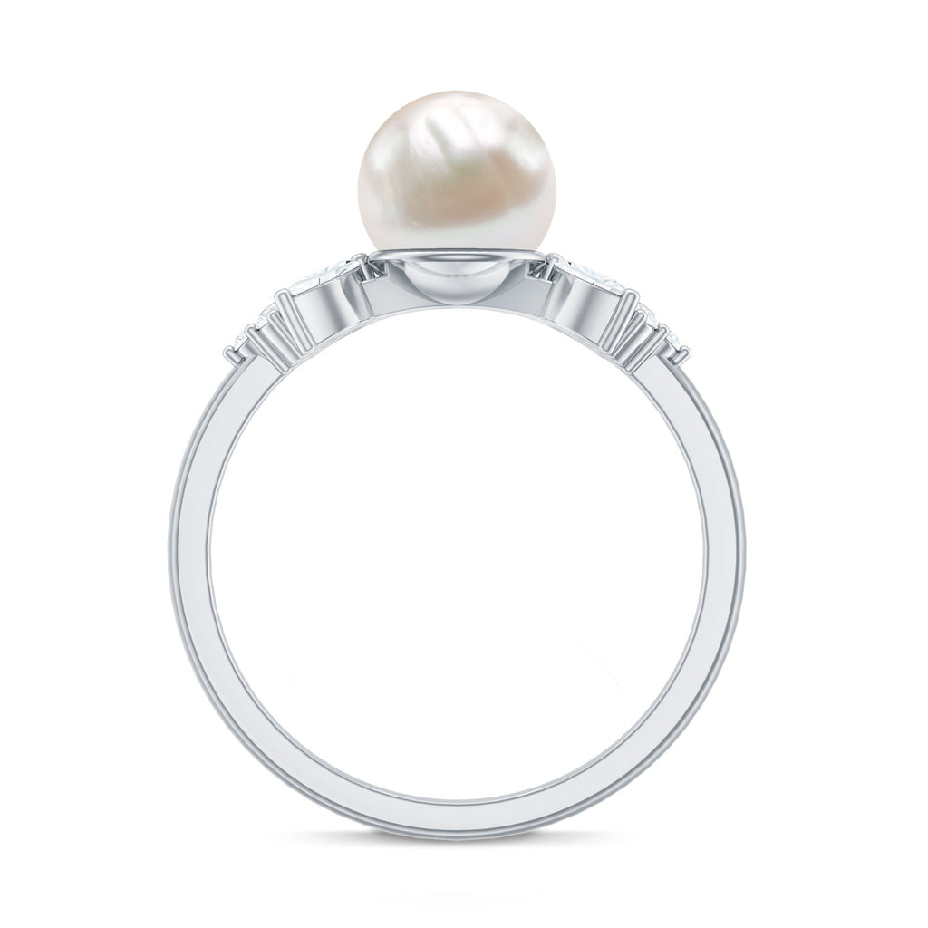 Nature Inspired Freshwater Pearl Solitaire Engagement Ring with Diamond Accent