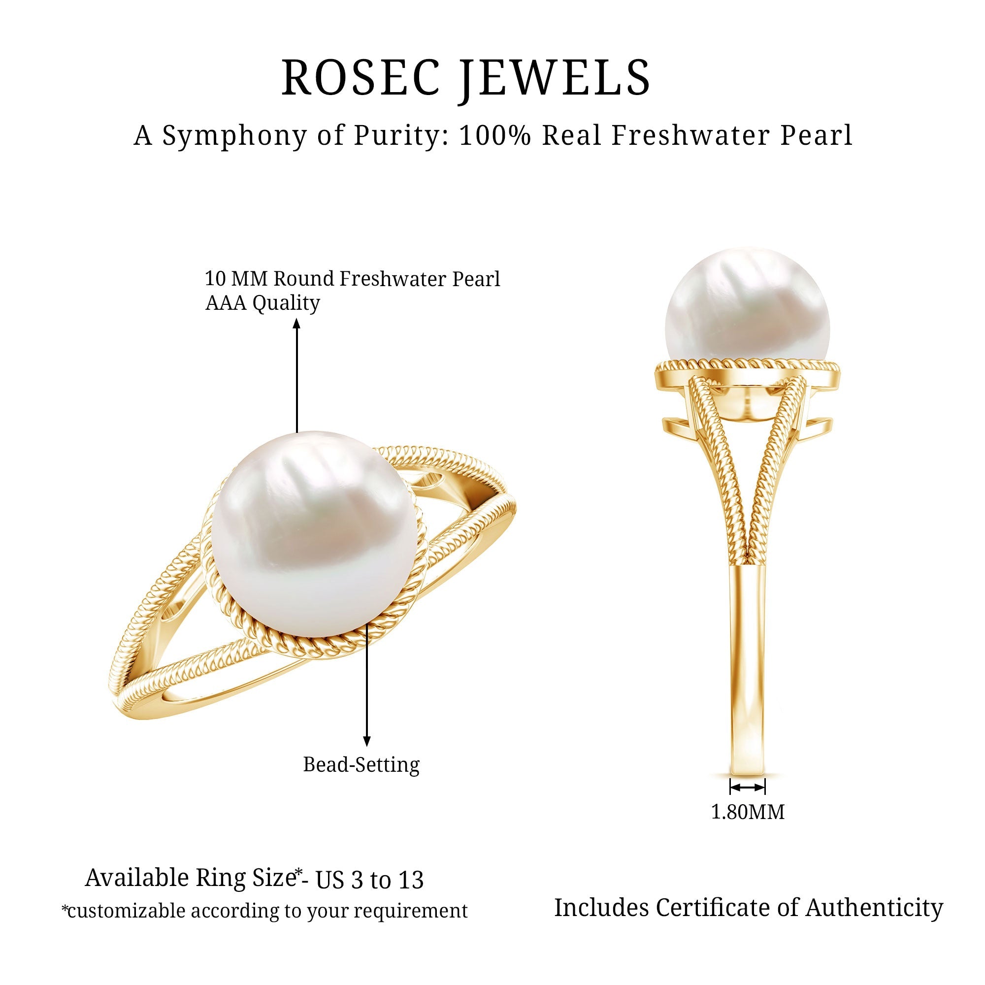 6 CT Split Shank Freshwater Pearl Solitaire Ring in Gold Rope frame