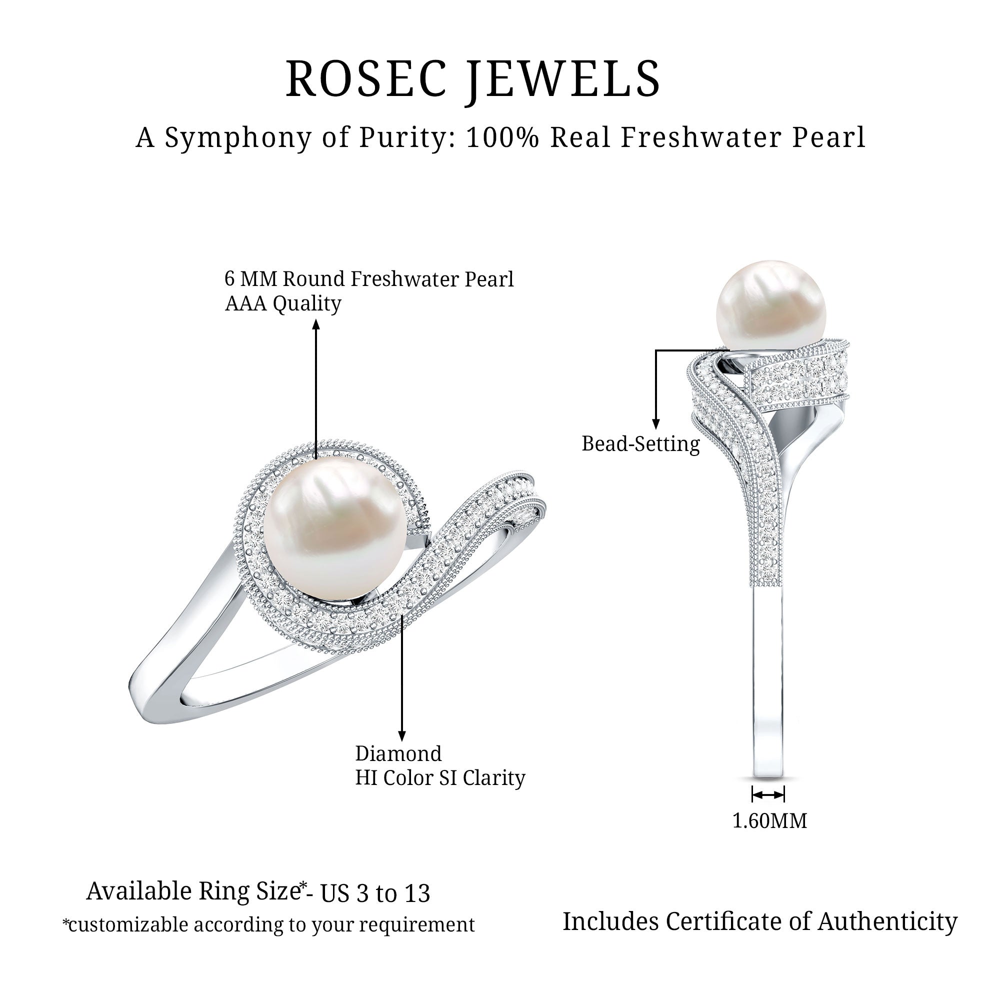 3 CT Freshwater Pearl and Diamond Bypass Engagement Ring