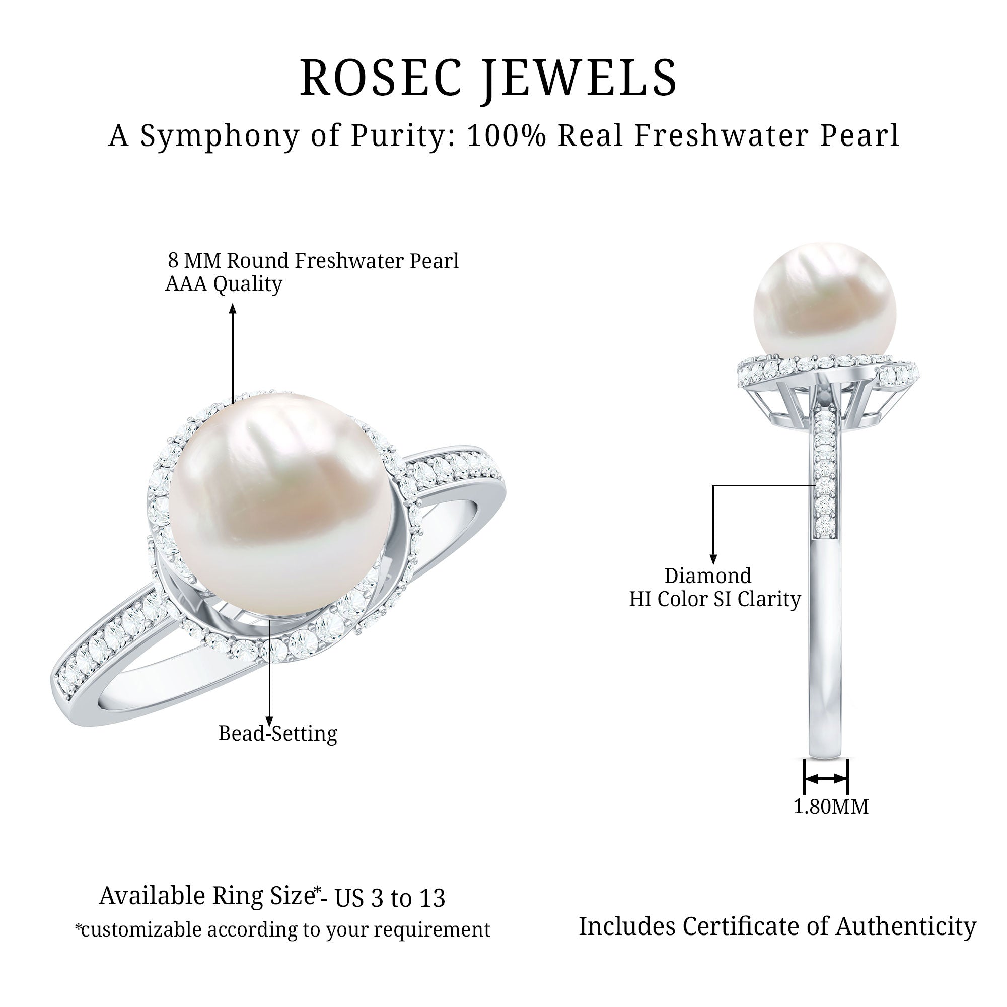 8 CT Freshwater Pearl Swirl Engagement Ring with Diamond Side Stones