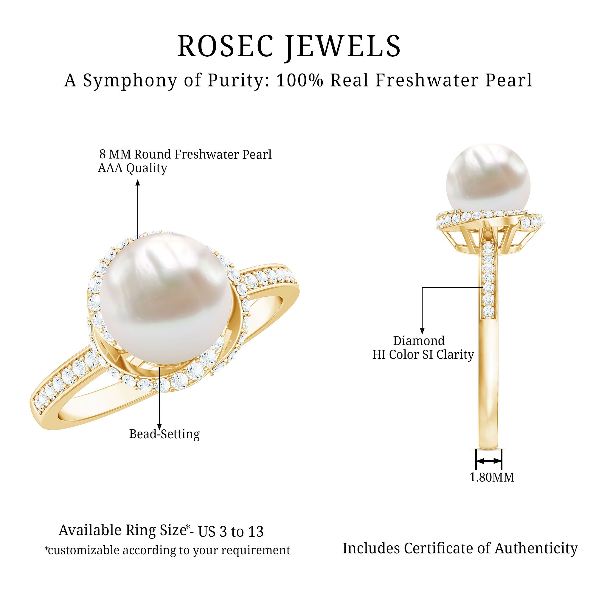 8 CT Freshwater Pearl Swirl Engagement Ring with Diamond Side Stones