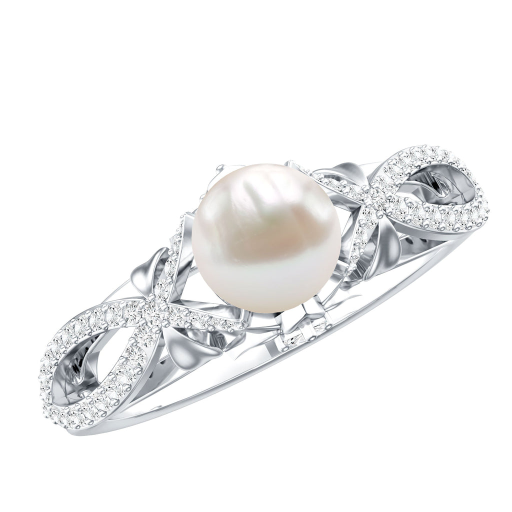 Freshwater Pearl and Diamond Crossover Engagement Ring