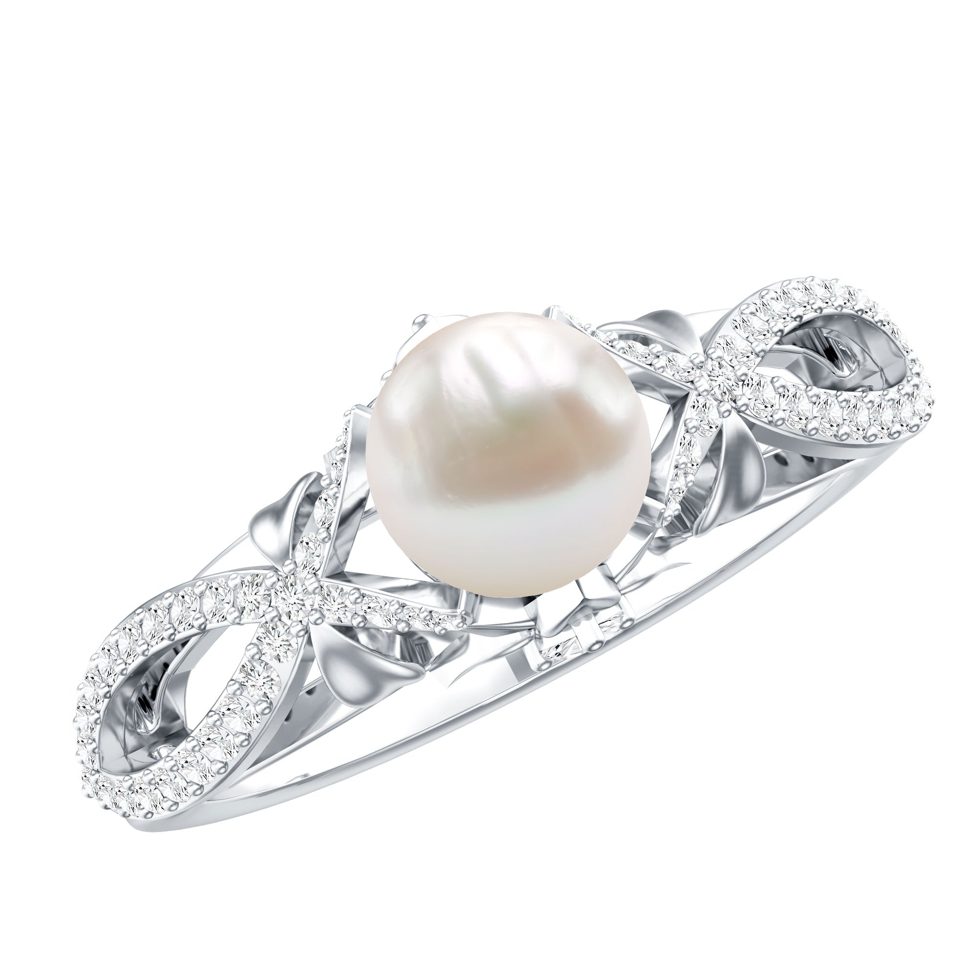 Freshwater Pearl and Diamond Crossover Engagement Ring