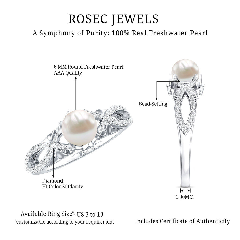 Freshwater Pearl and Diamond Crossover Engagement Ring
