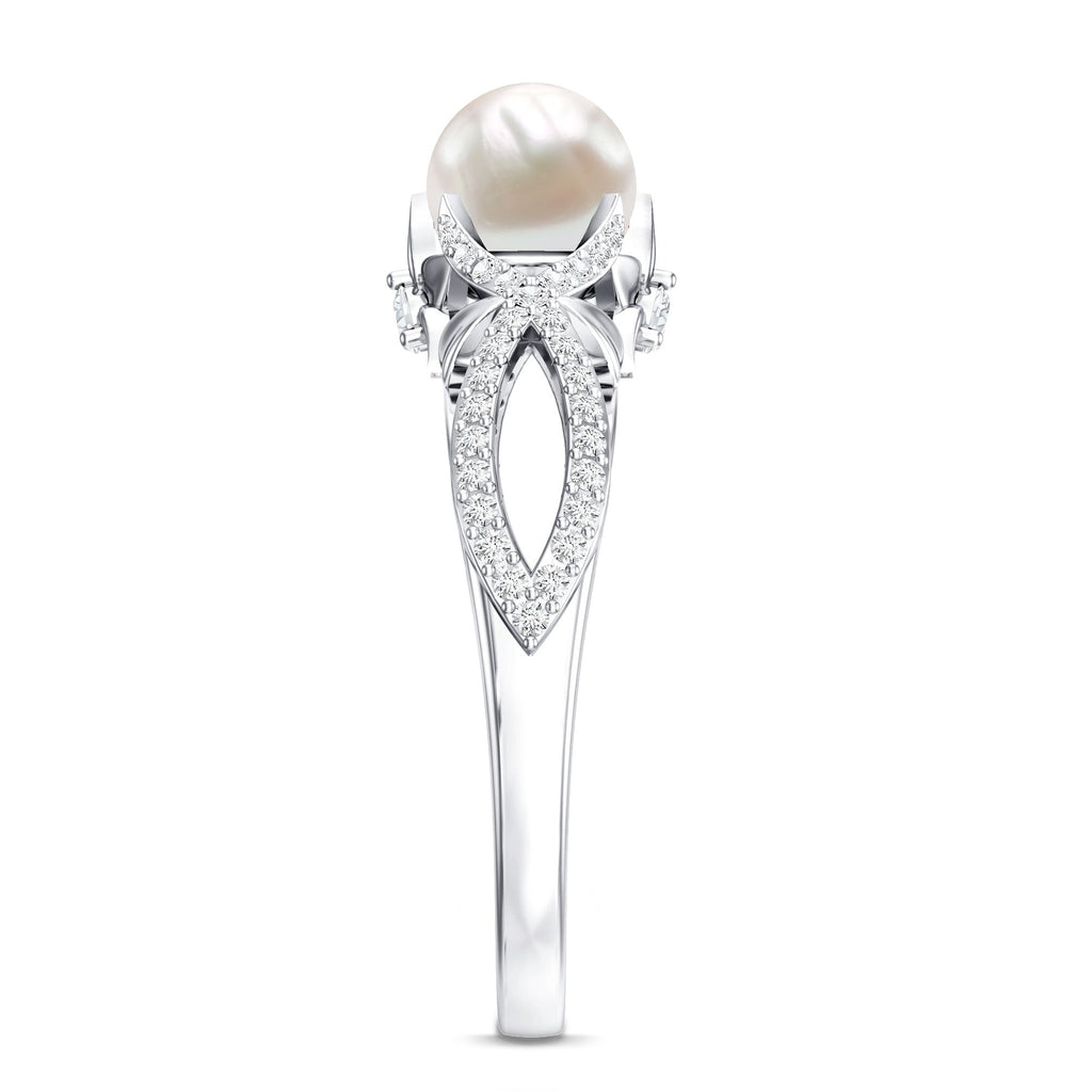 Freshwater Pearl and Diamond Crossover Engagement Ring