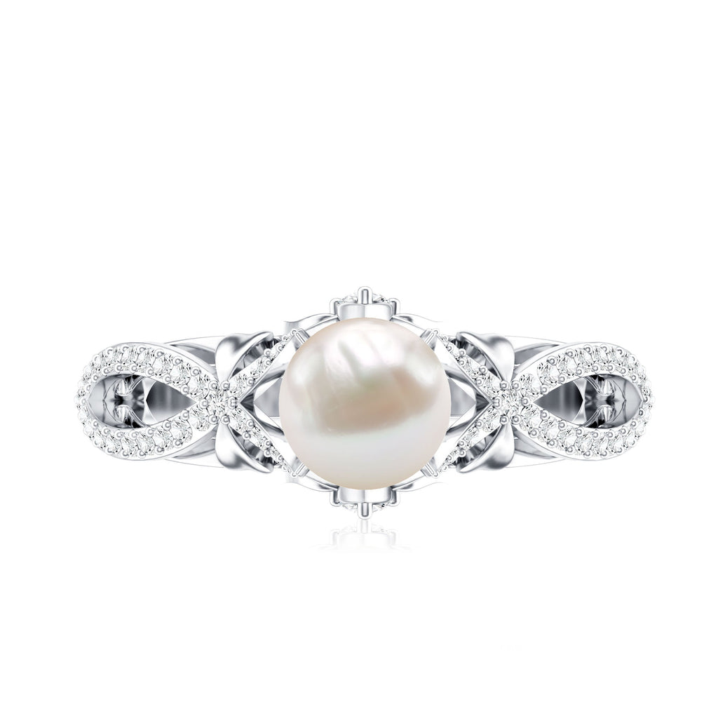 Freshwater Pearl and Diamond Crossover Engagement Ring