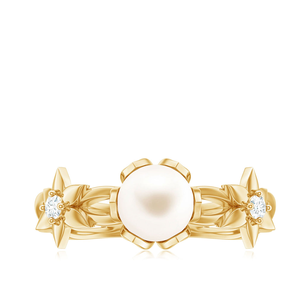 2.25 CT Freshwater Pearl and Diamond Flower Ring in Gold