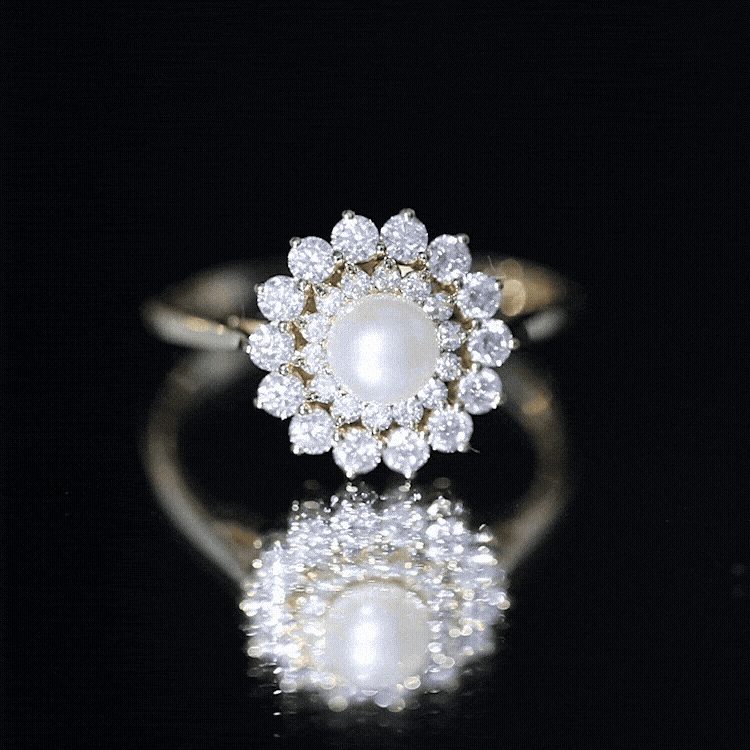 Round Freshwater Pearl Engagement Ring with Moissanite Double Halo