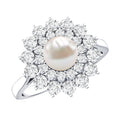 Round Freshwater Pearl Engagement Ring with Moissanite Double Halo