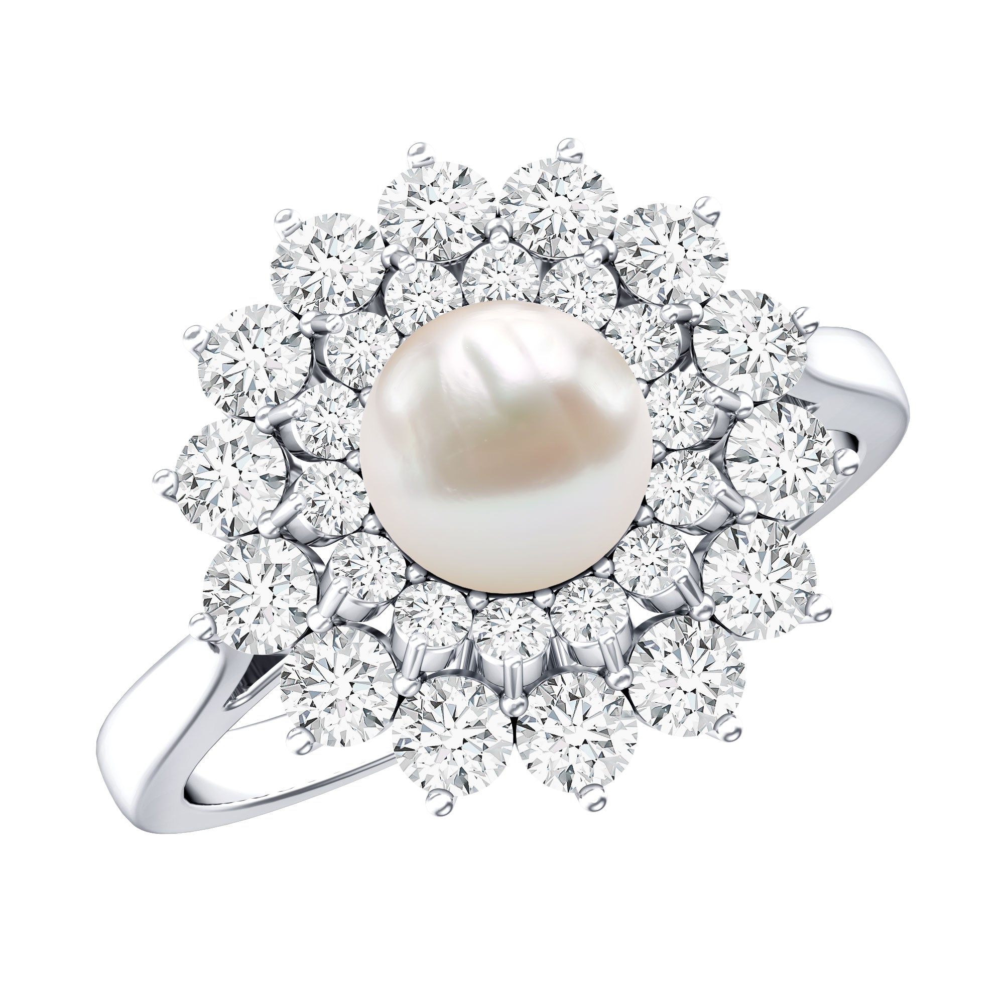 Round Freshwater Pearl Engagement Ring with Moissanite Double Halo