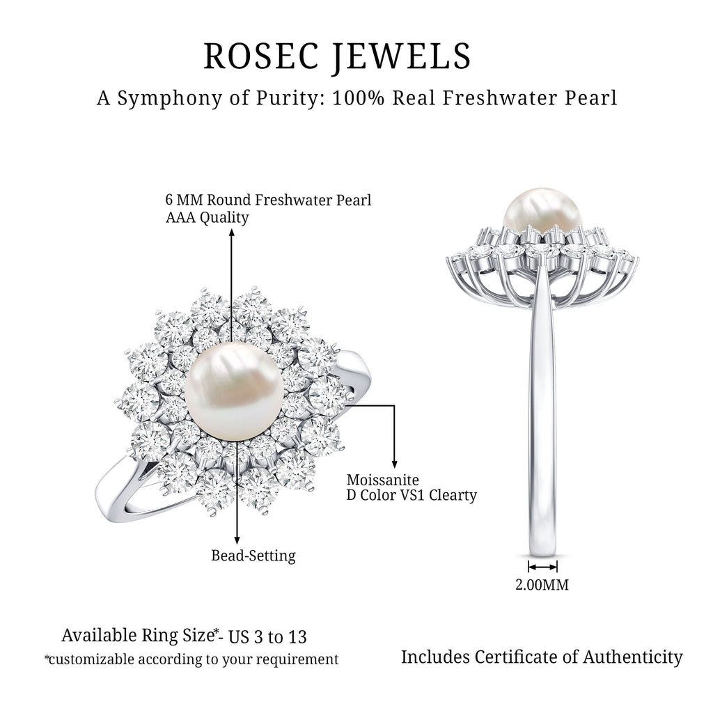 Round Freshwater Pearl Engagement Ring with Moissanite Double Halo
