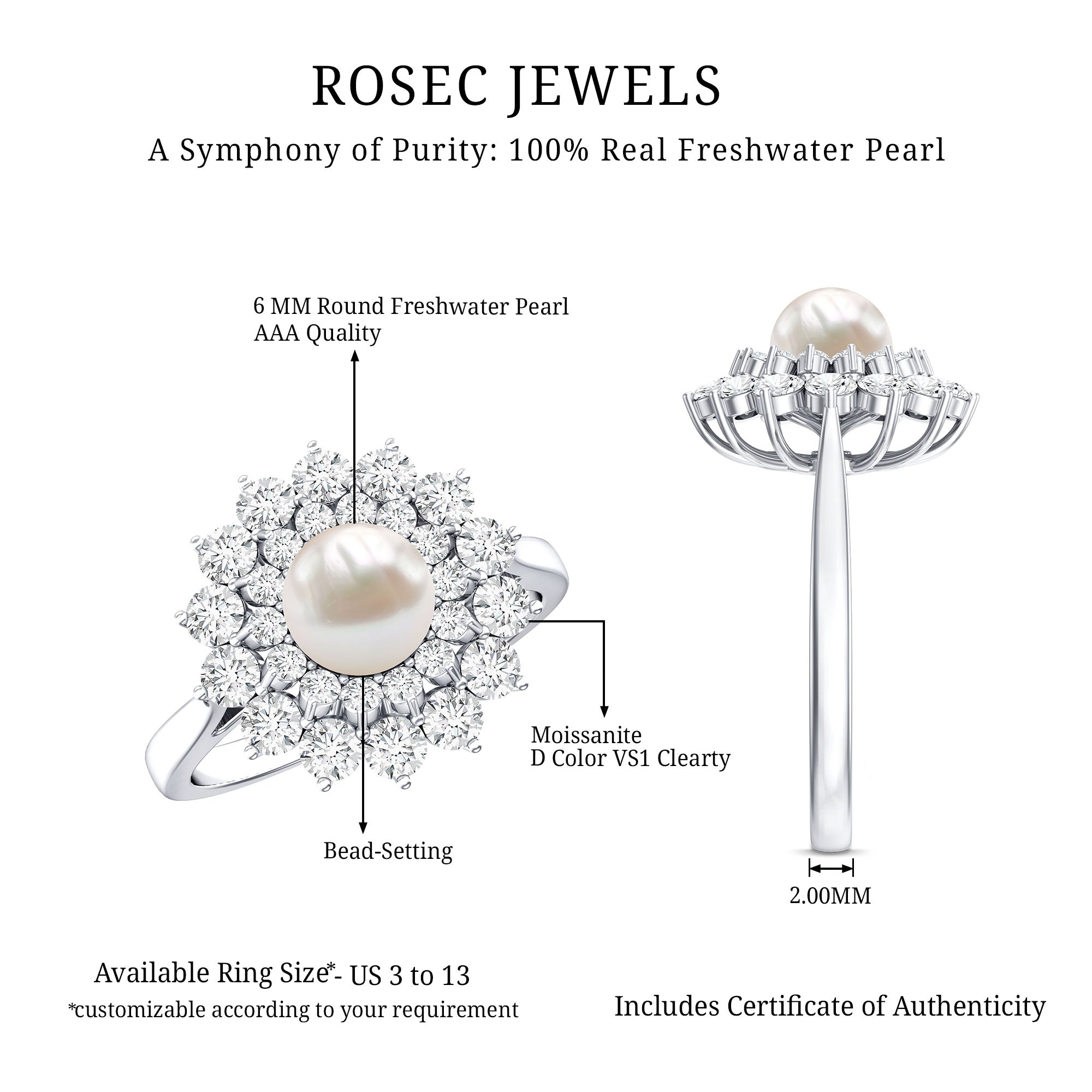 Round Freshwater Pearl Engagement Ring with Moissanite Double Halo