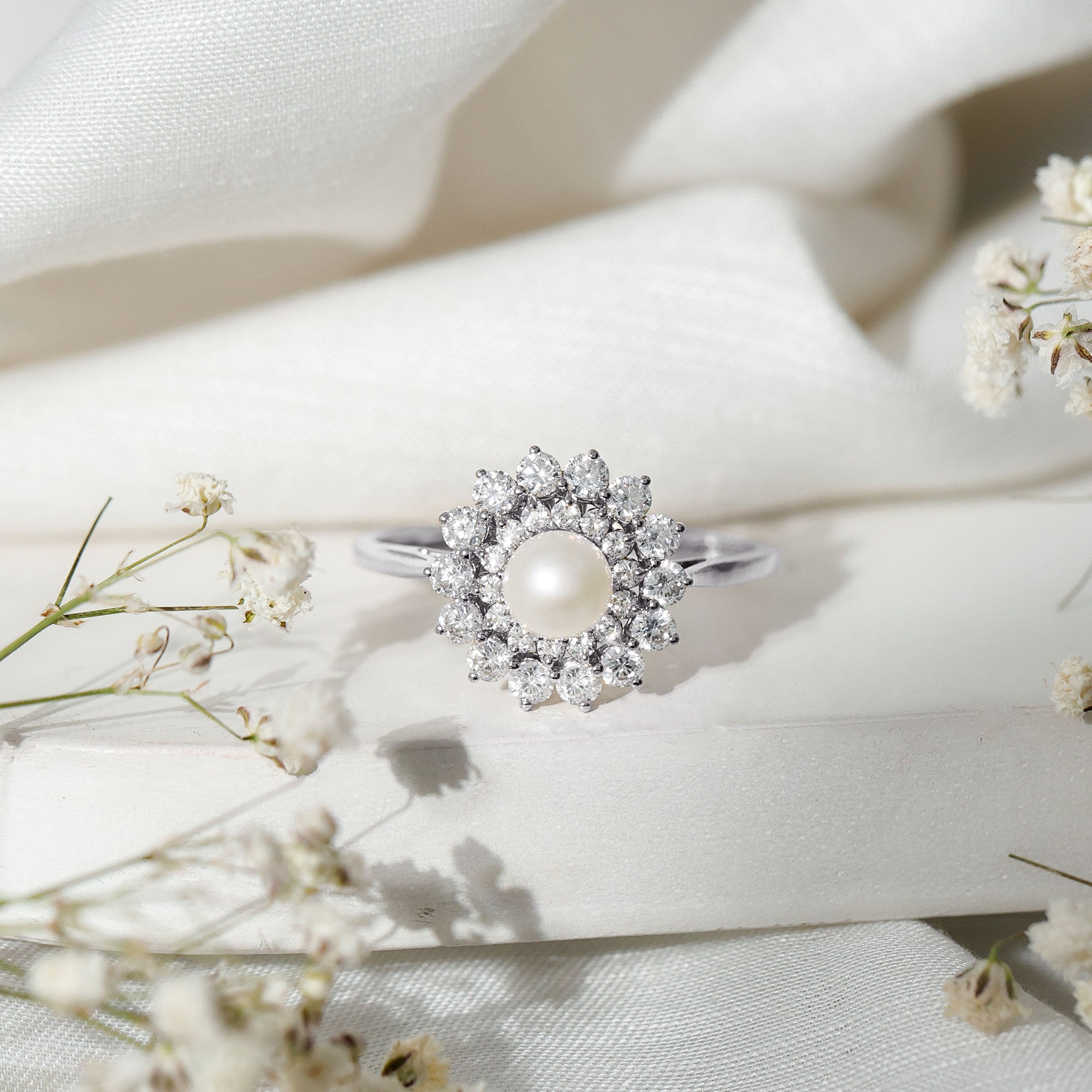 Round Freshwater Pearl Engagement Ring with Moissanite Double Halo