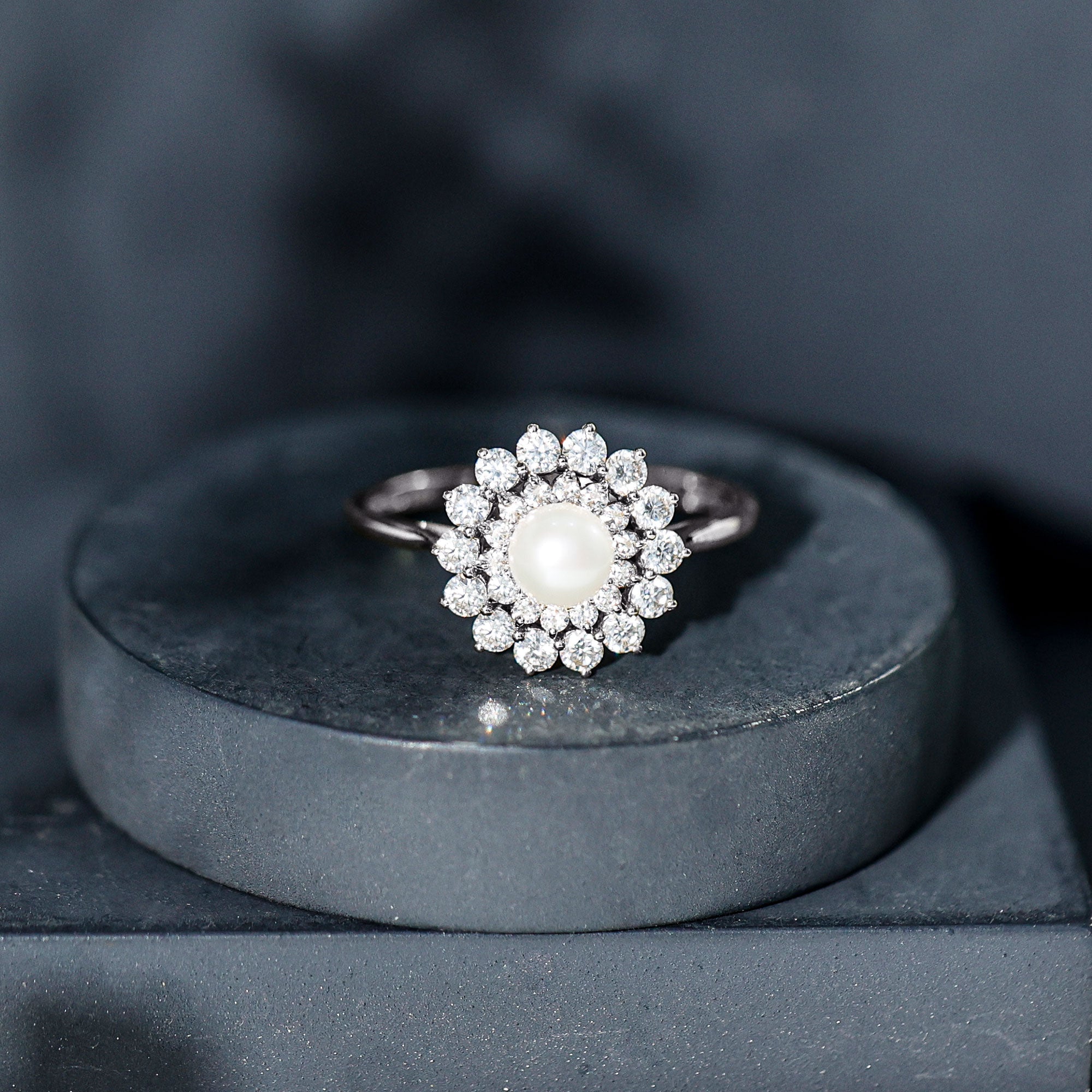 Round Freshwater Pearl Engagement Ring with Moissanite Double Halo