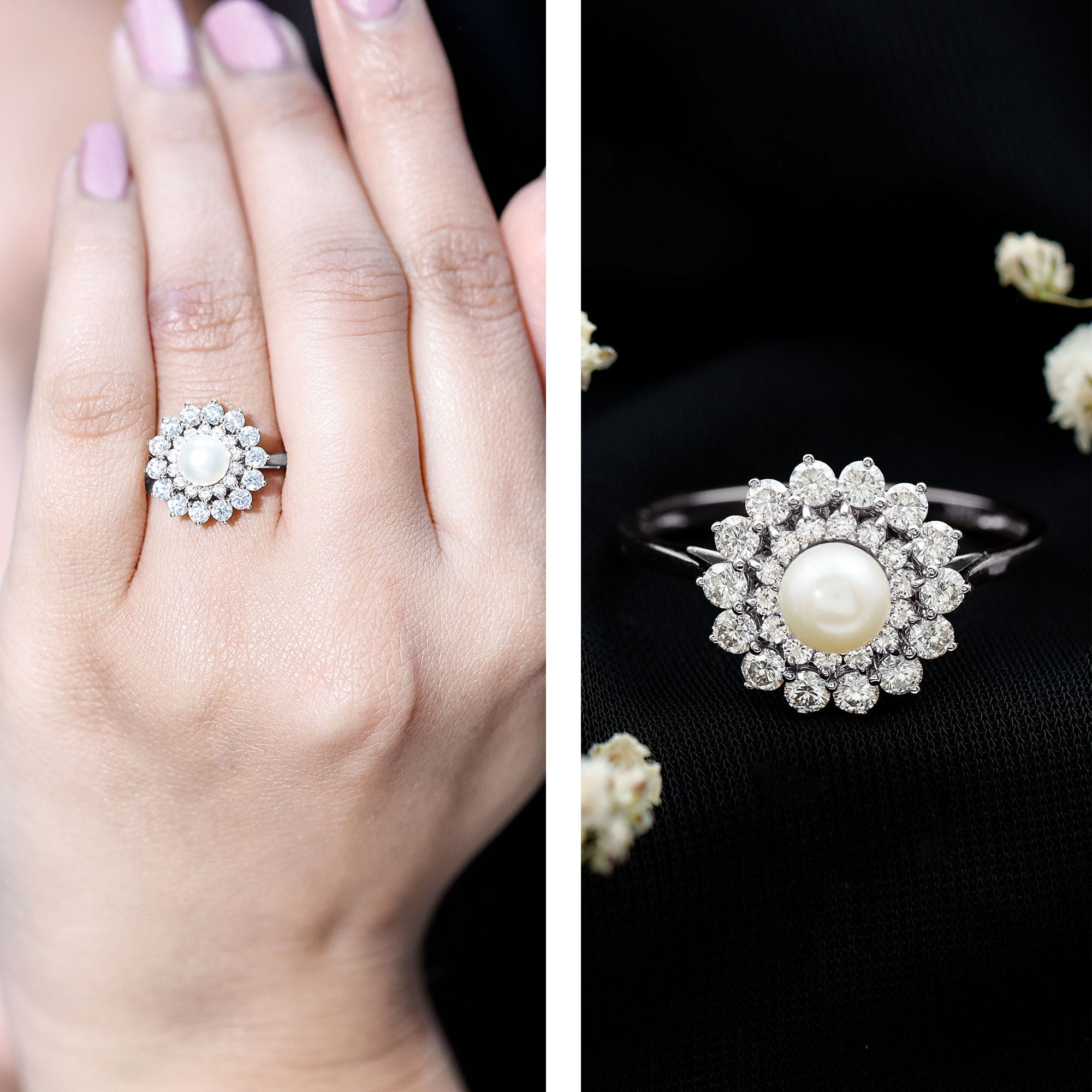 Round Freshwater Pearl Engagement Ring with Moissanite Double Halo