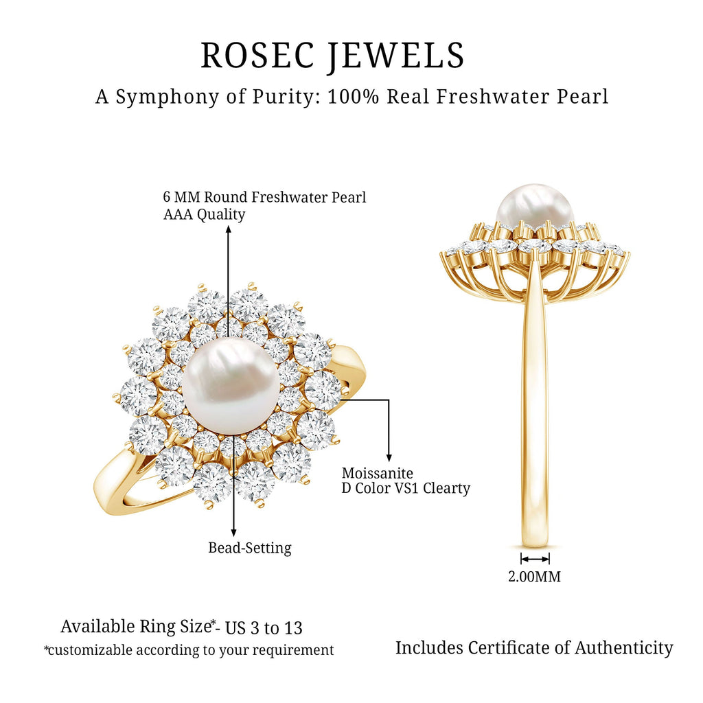 Round Freshwater Pearl Engagement Ring with Moissanite Double Halo