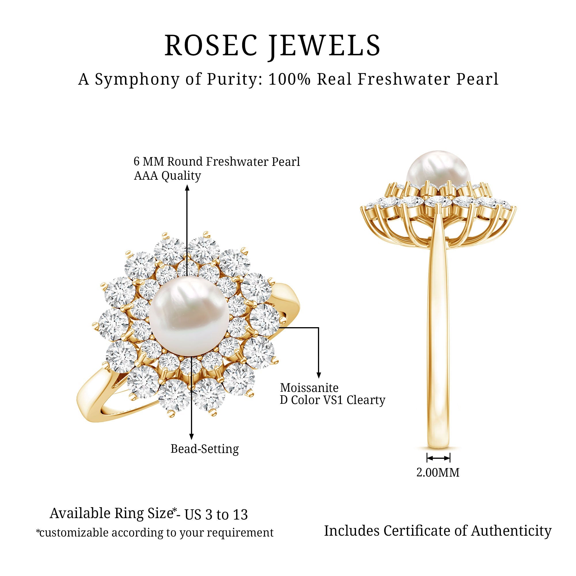 Round Freshwater Pearl Engagement Ring with Moissanite Double Halo