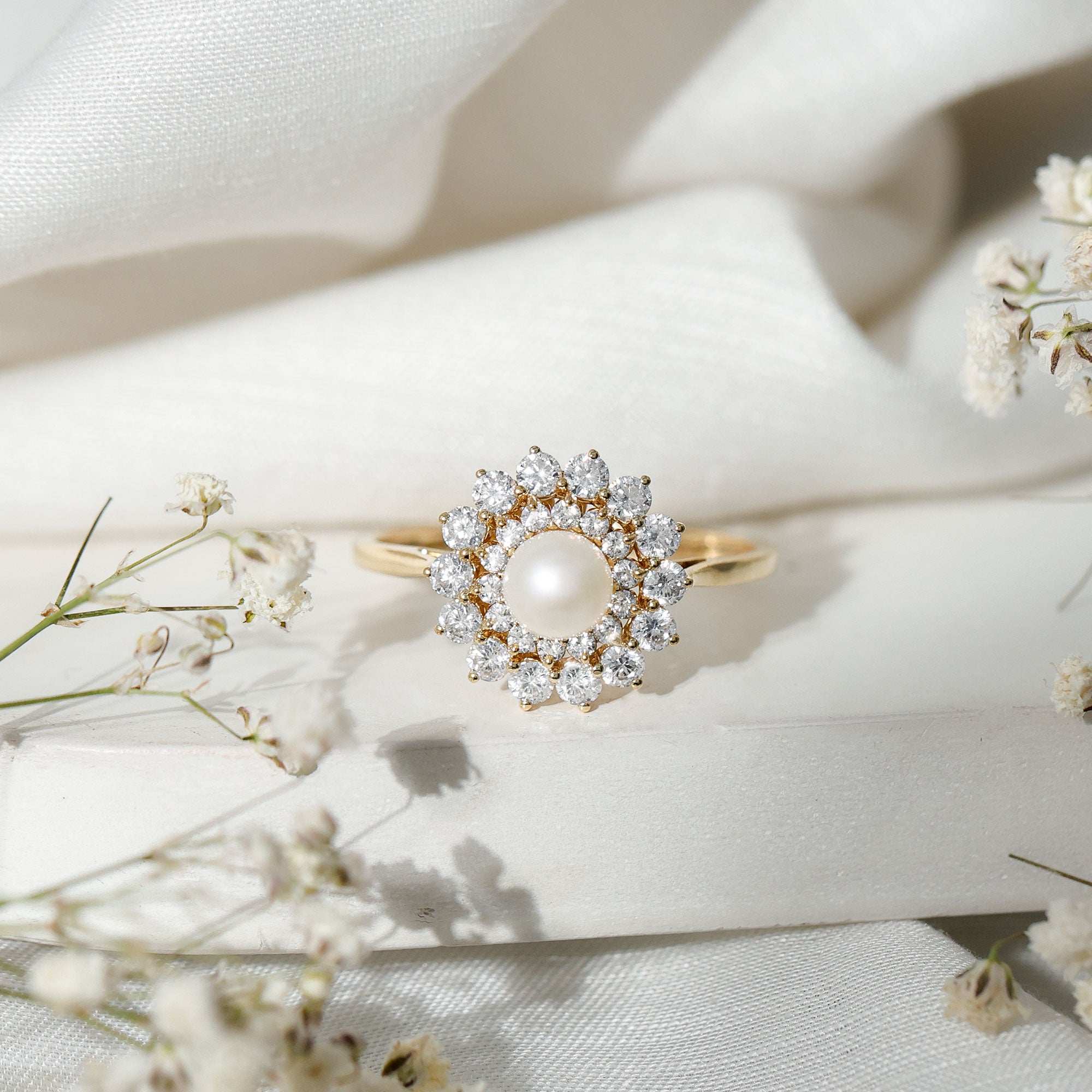 Round Freshwater Pearl Engagement Ring with Moissanite Double Halo