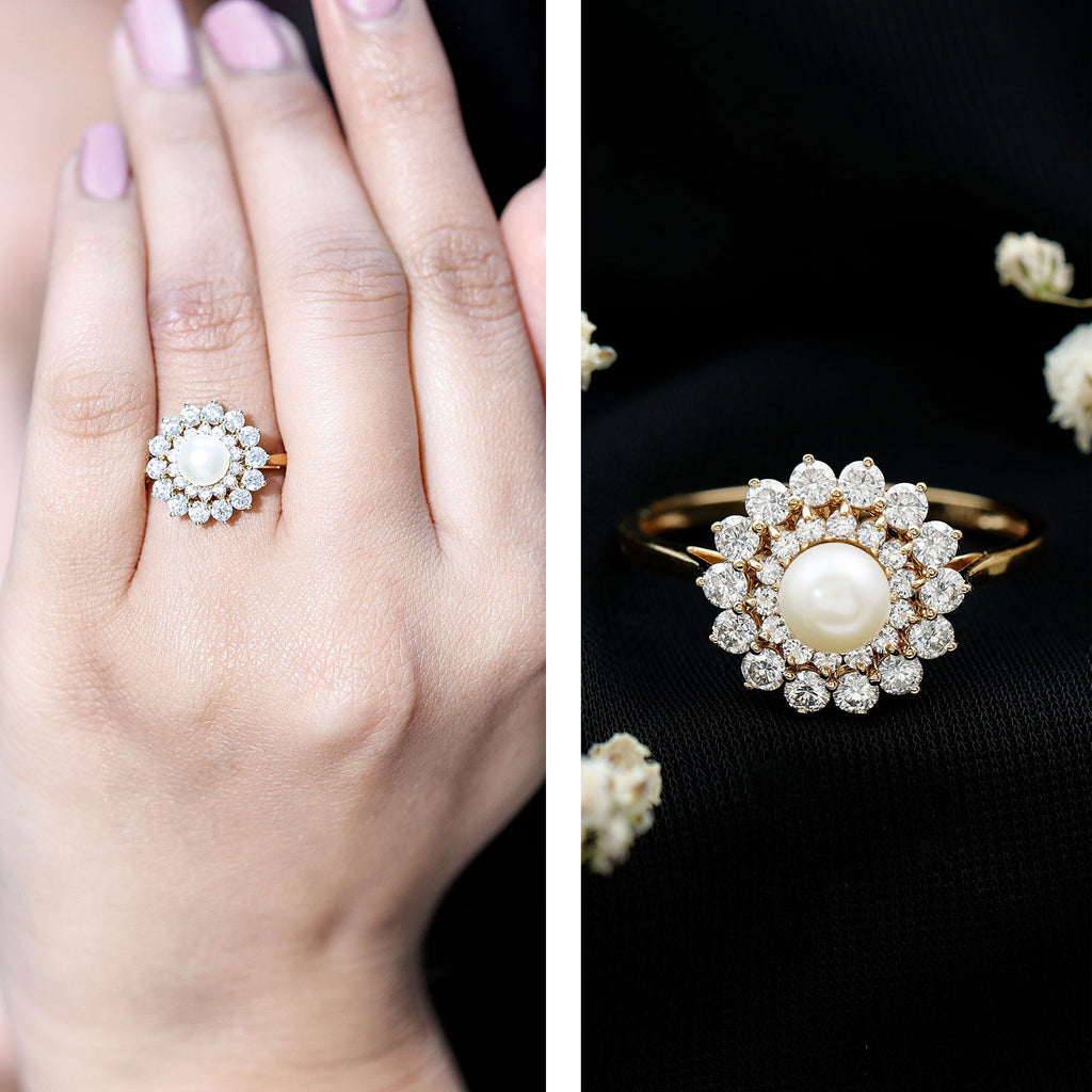 Round Freshwater Pearl Engagement Ring with Moissanite Double Halo