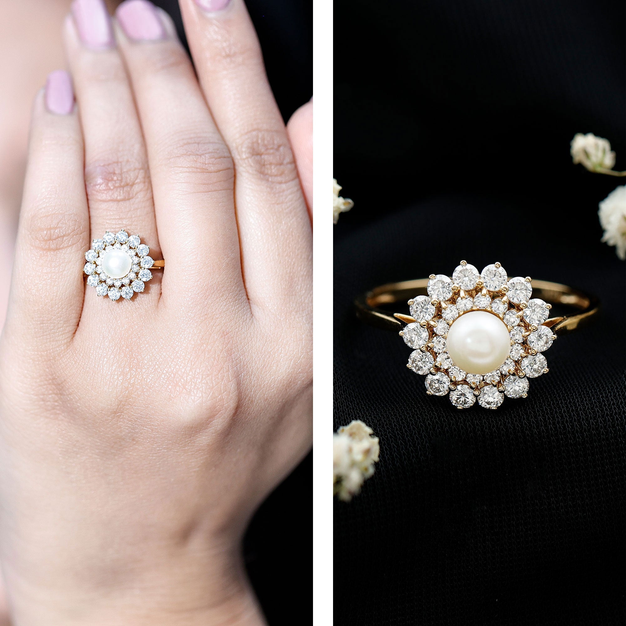 Round Freshwater Pearl Engagement Ring with Moissanite Double Halo
