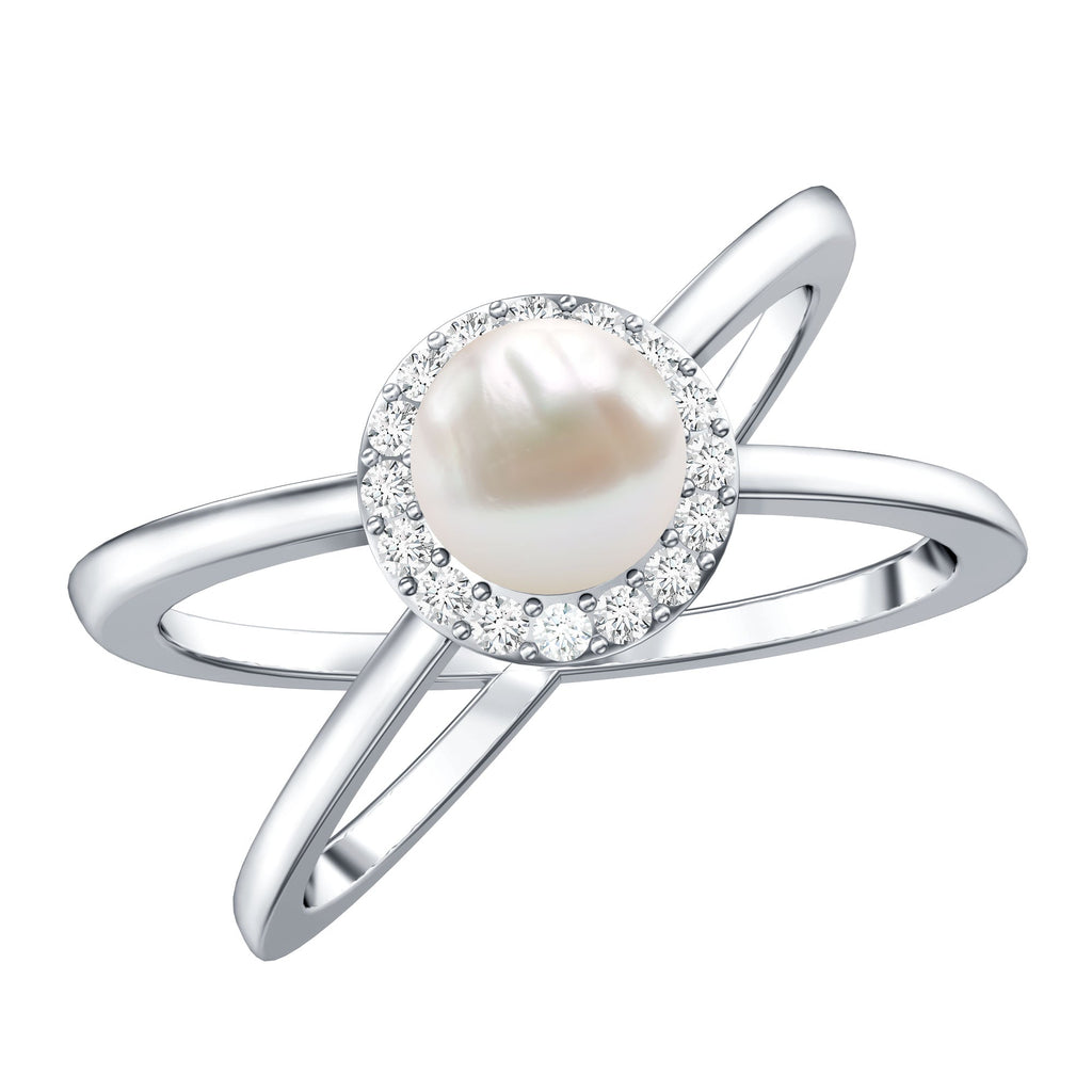 2.5 CT Freshwater Pearl Criss Cross Engagement Ring with Diamond Halo