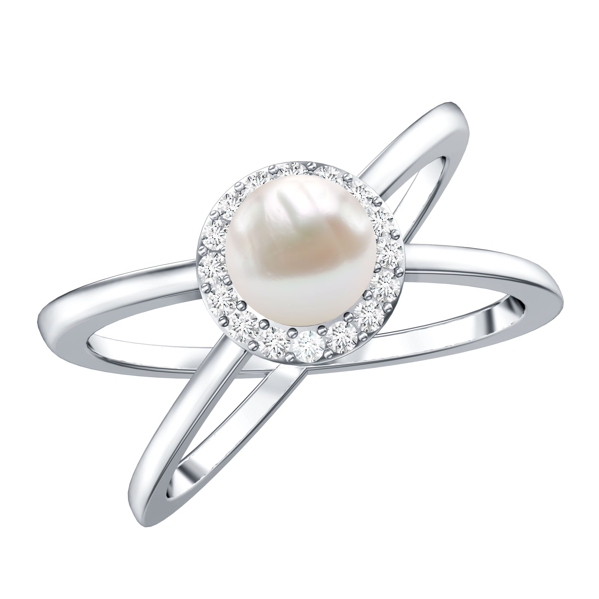 2.5 CT Freshwater Pearl Criss Cross Engagement Ring with Diamond Halo