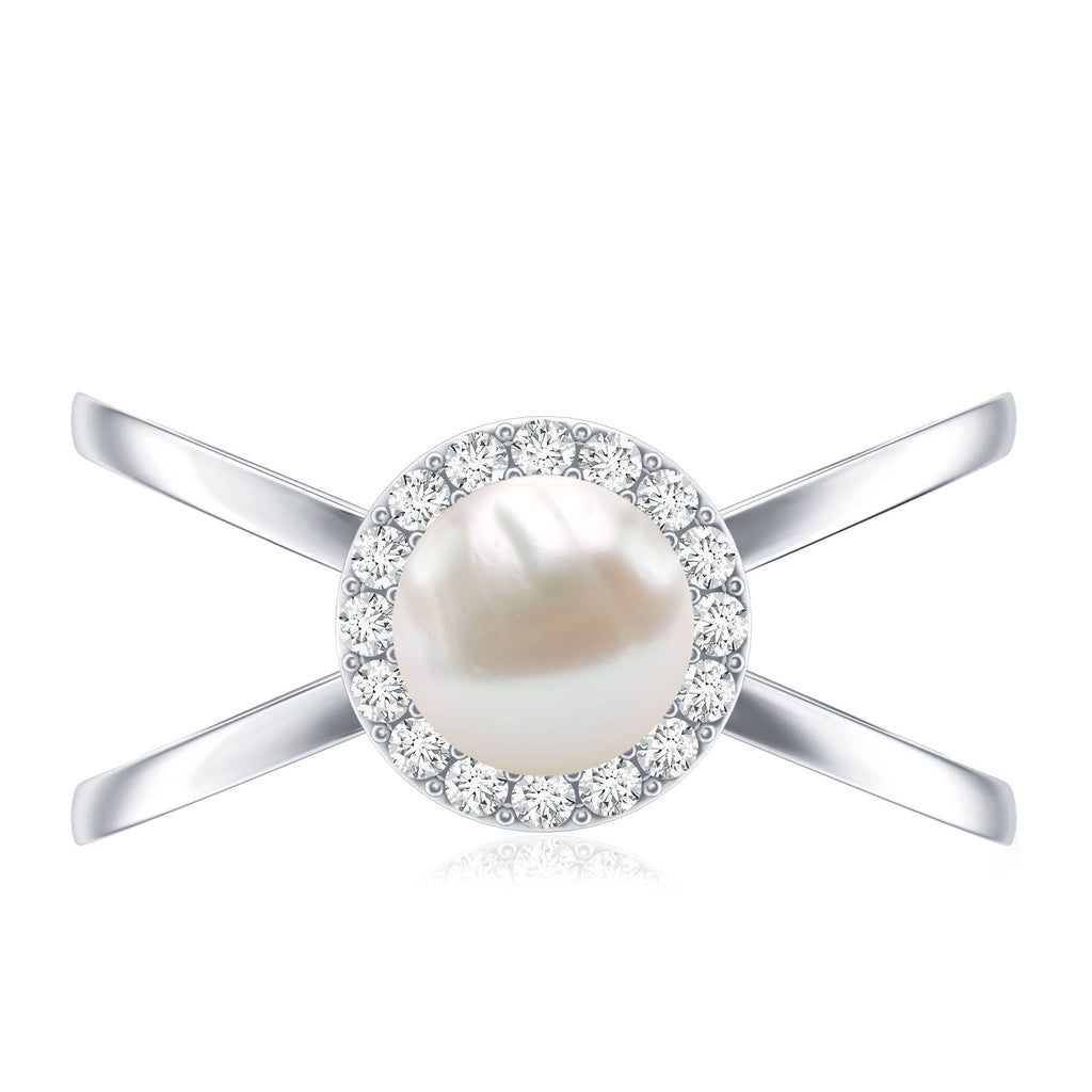 2.5 CT Freshwater Pearl Criss Cross Engagement Ring with Diamond Halo