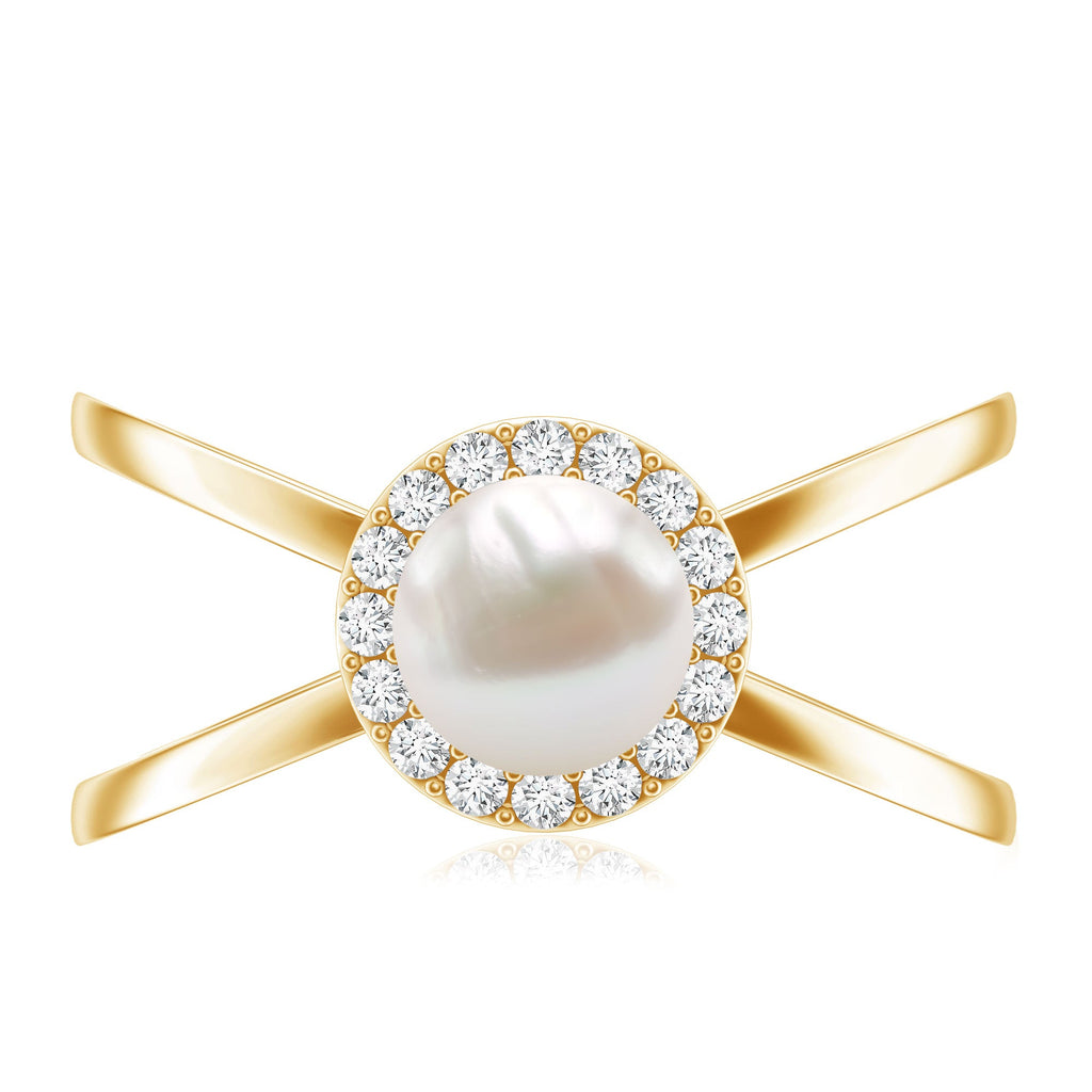 2.5 CT Freshwater Pearl Criss Cross Engagement Ring with Diamond Halo