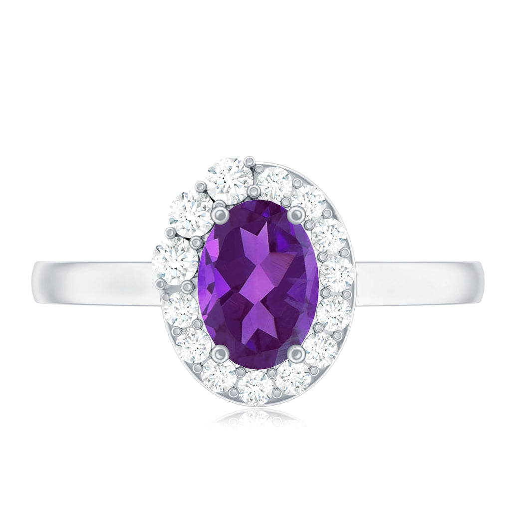 Oval Shape Amethyst and Diamond Classic Halo Engagement Ring