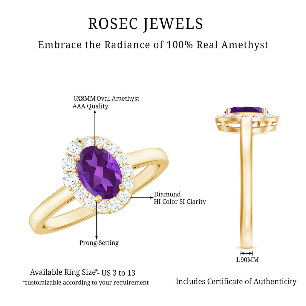 Oval Shape Amethyst and Diamond Classic Halo Engagement Ring