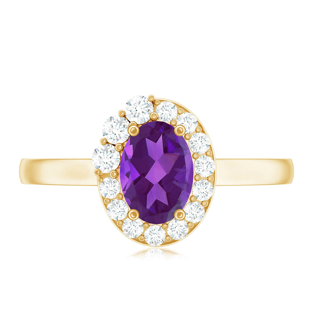 Oval Shape Amethyst and Diamond Classic Halo Engagement Ring