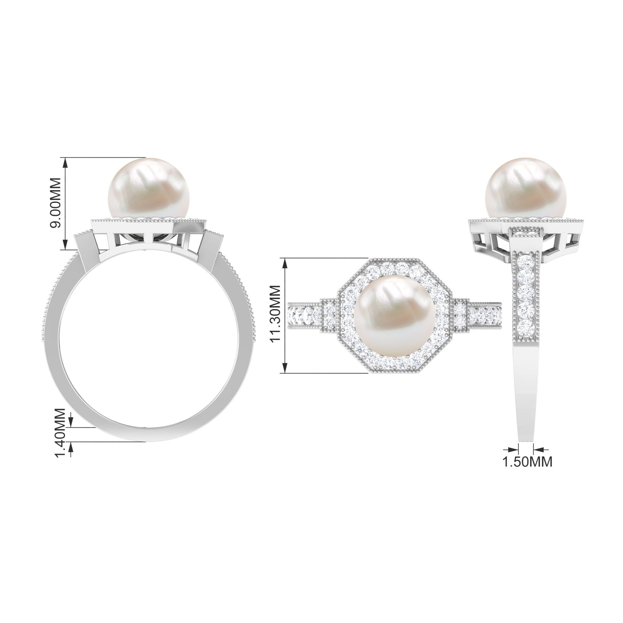 3 CT Freshwater Pearl Antique Beaded Ring with Diamond Halo