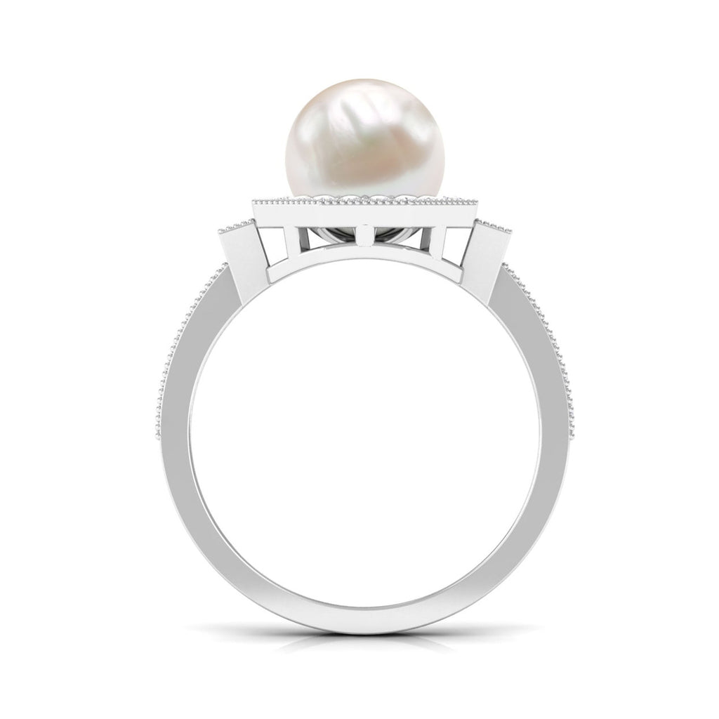 3 CT Freshwater Pearl Antique Beaded Ring with Diamond Halo