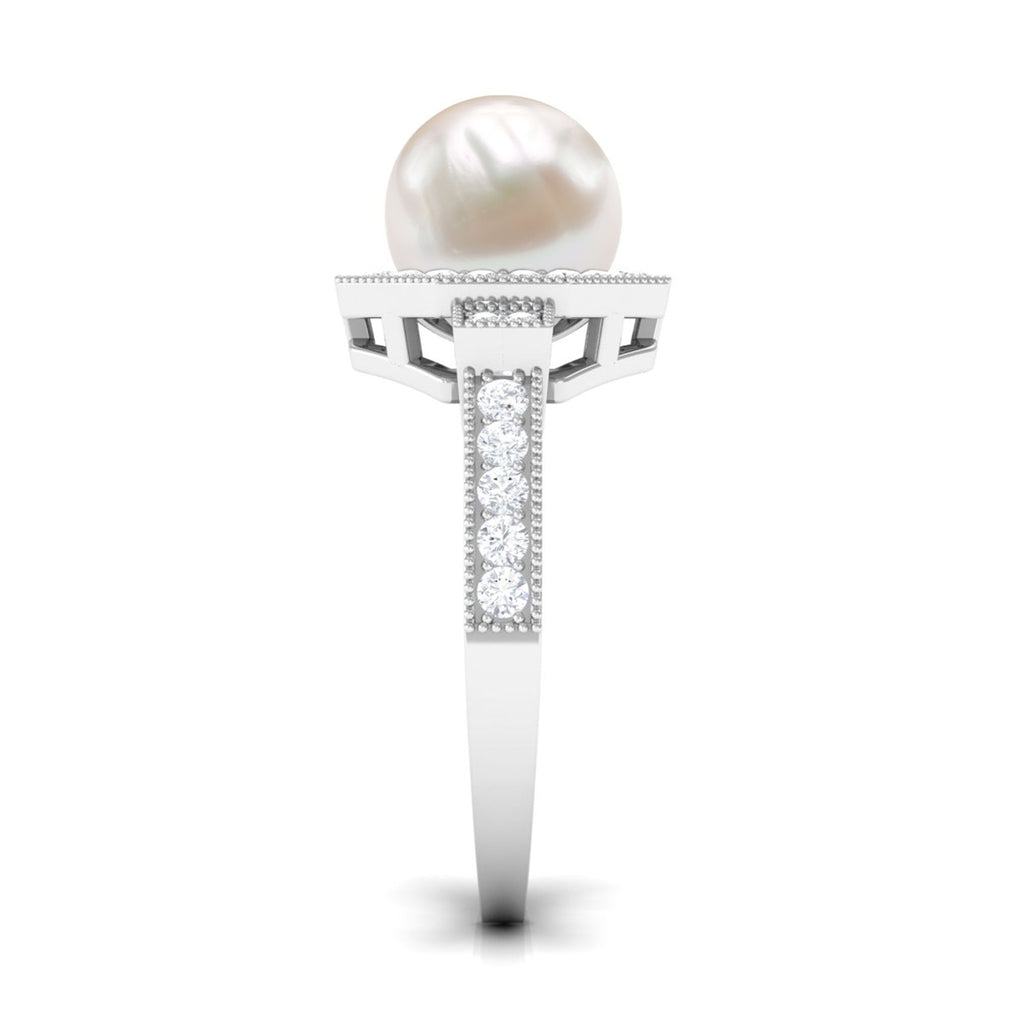 3 CT Freshwater Pearl Antique Beaded Ring with Diamond Halo