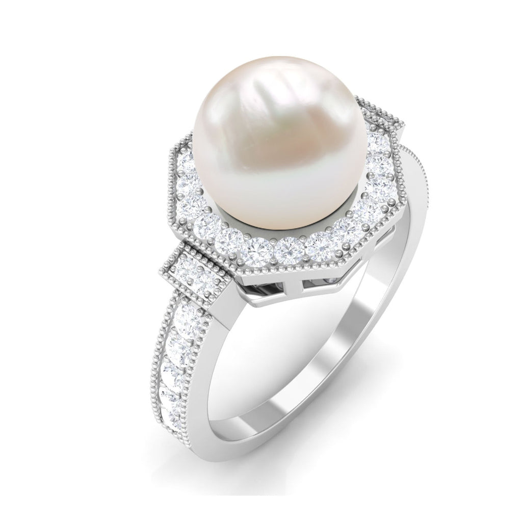 3 CT Freshwater Pearl Antique Beaded Ring with Diamond Halo
