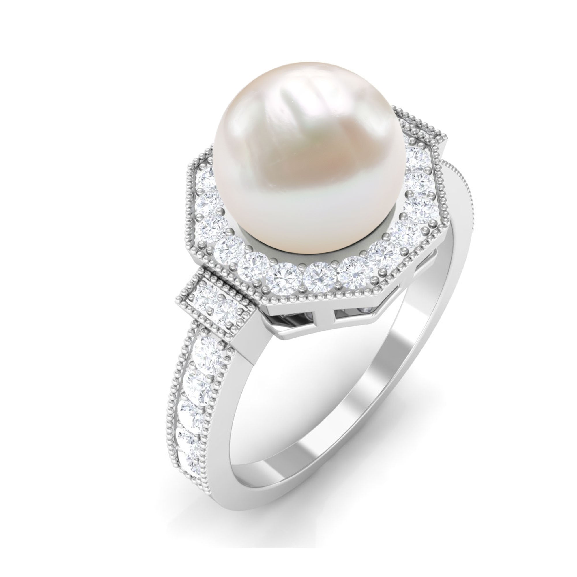 3 CT Freshwater Pearl Antique Beaded Ring with Diamond Halo
