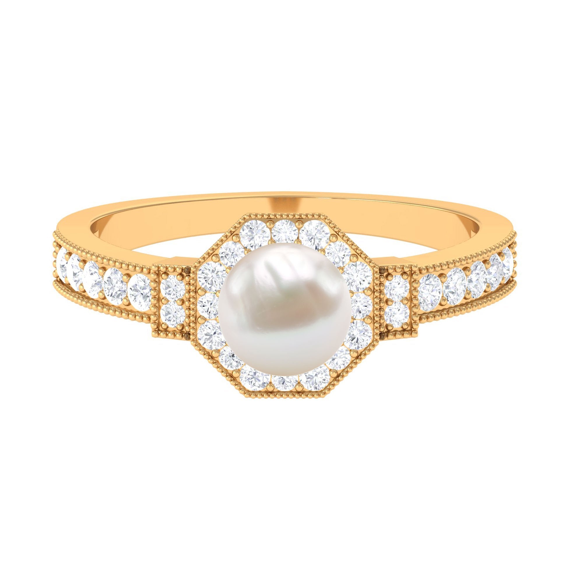 3 CT Freshwater Pearl Antique Beaded Ring with Diamond Halo