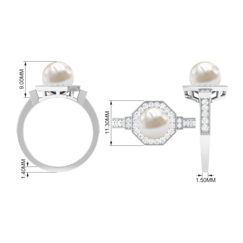 3 CT Freshwater Pearl Antique Beaded Ring with Diamond Halo