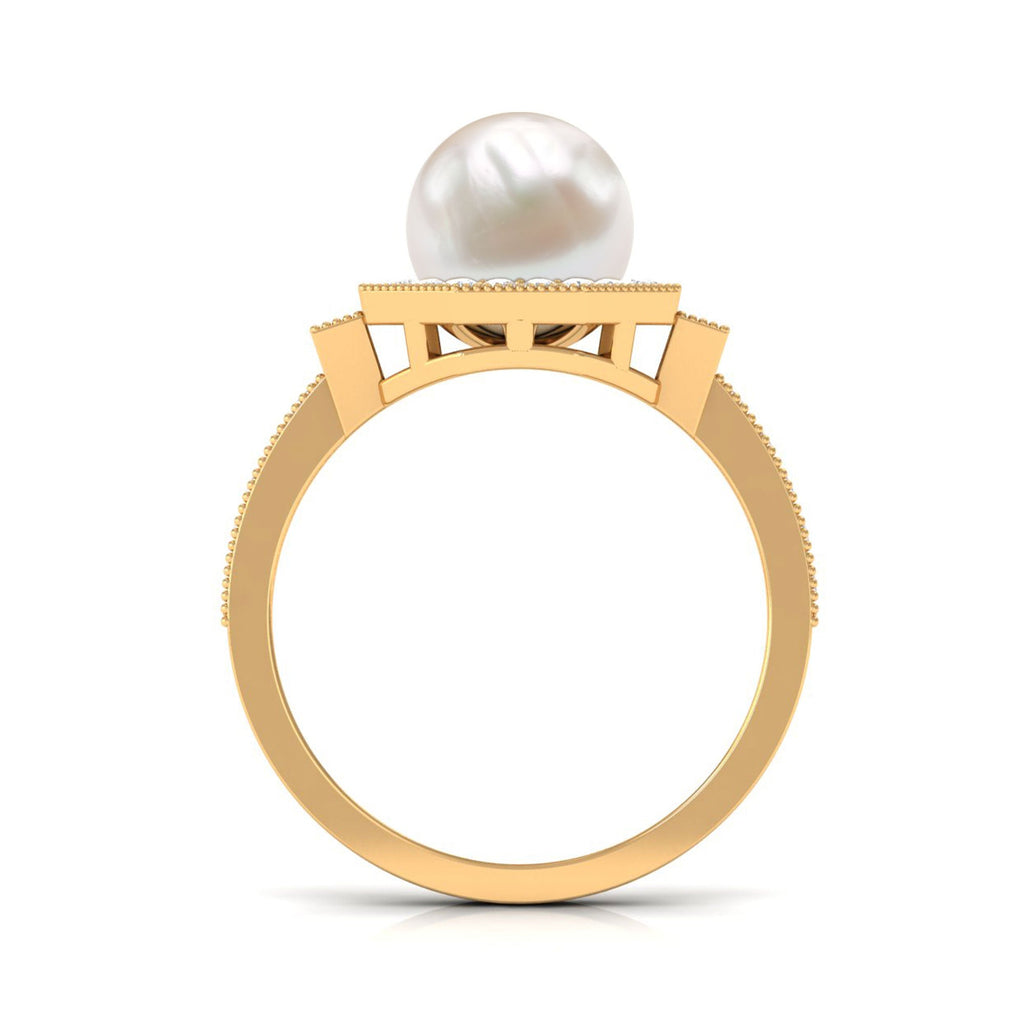 3 CT Freshwater Pearl Antique Beaded Ring with Diamond Halo
