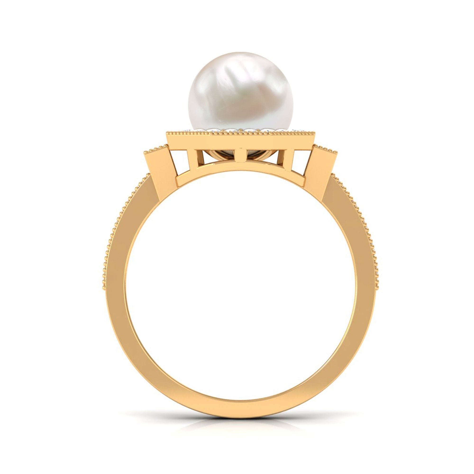 3 CT Freshwater Pearl Antique Beaded Ring with Diamond Halo