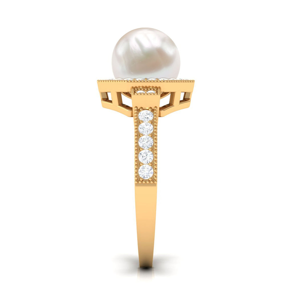 3 CT Freshwater Pearl Antique Beaded Ring with Diamond Halo
