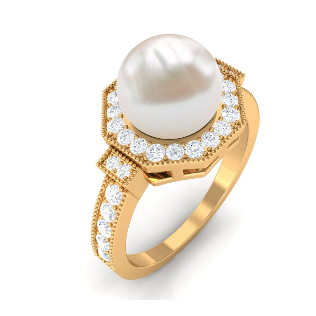 3 CT Freshwater Pearl Antique Beaded Ring with Diamond Halo
