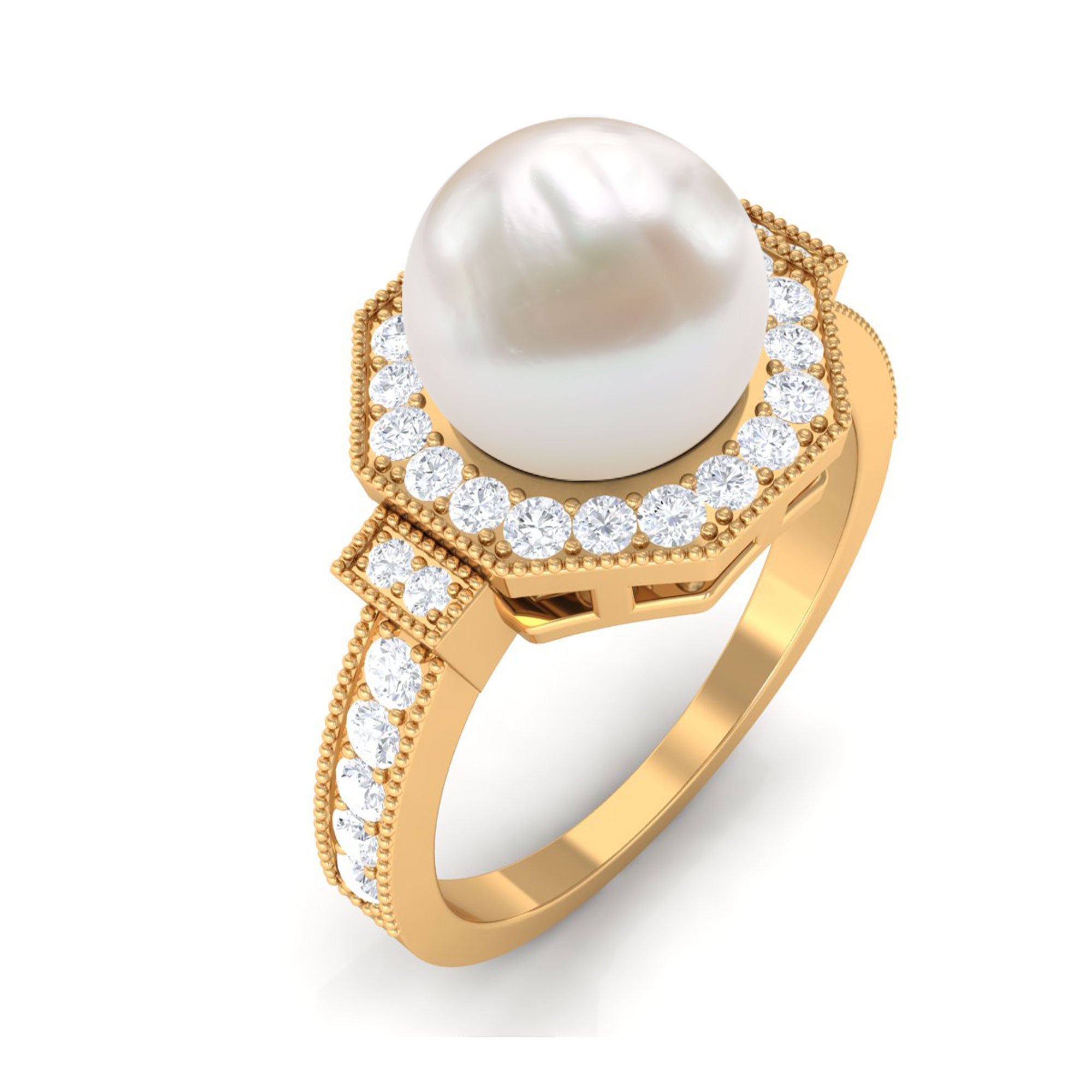 3 CT Freshwater Pearl Antique Beaded Ring with Diamond Halo