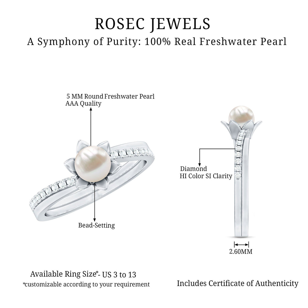2.25 CT Floral Freshwater Pearl Bypass and Diamond Engagement Ring in Gold