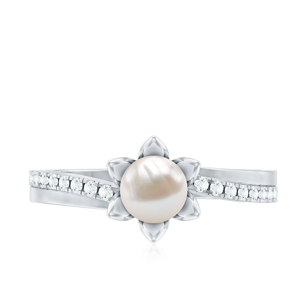 2.25 CT Floral Freshwater Pearl Bypass and Diamond Engagement Ring in Gold