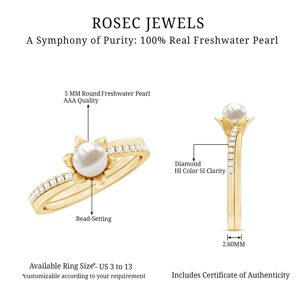2.25 CT Floral Freshwater Pearl Bypass and Diamond Engagement Ring in Gold