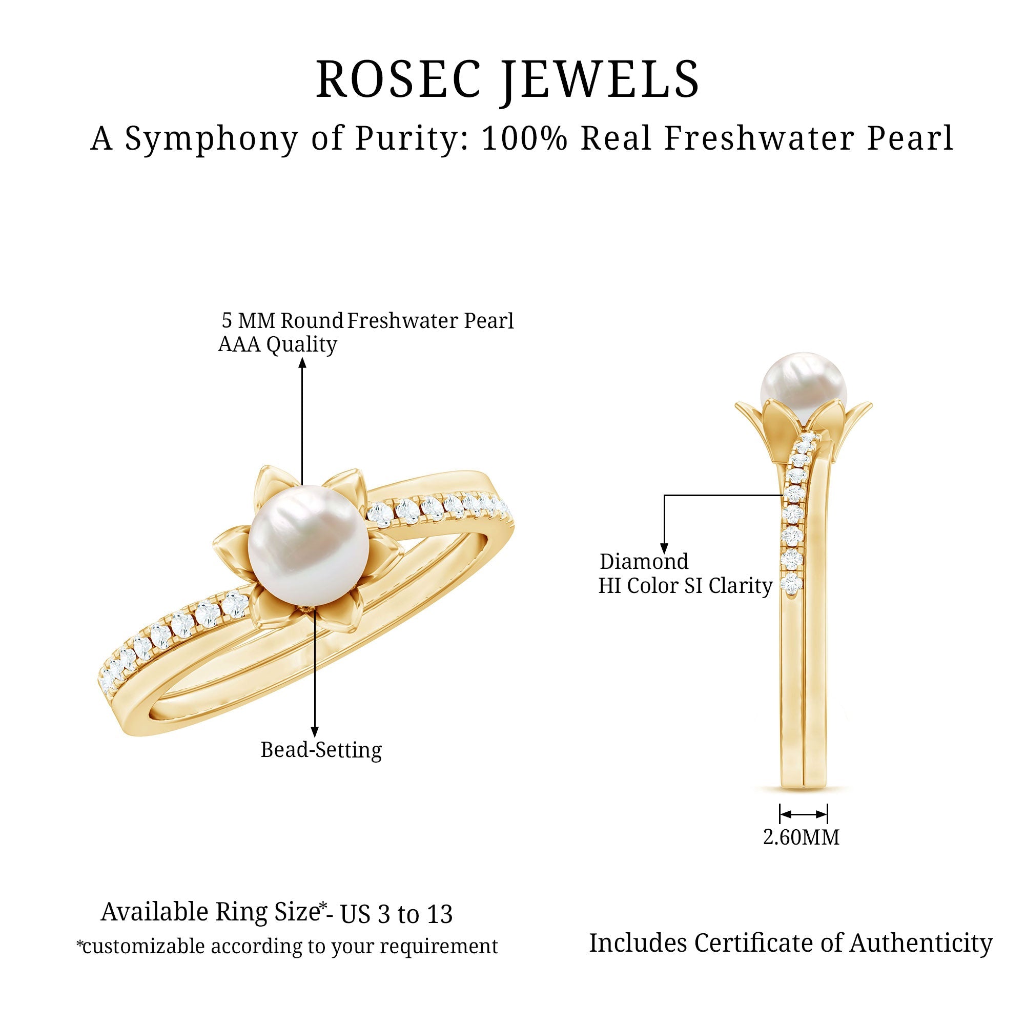 2.25 CT Floral Freshwater Pearl Bypass and Diamond Engagement Ring in Gold