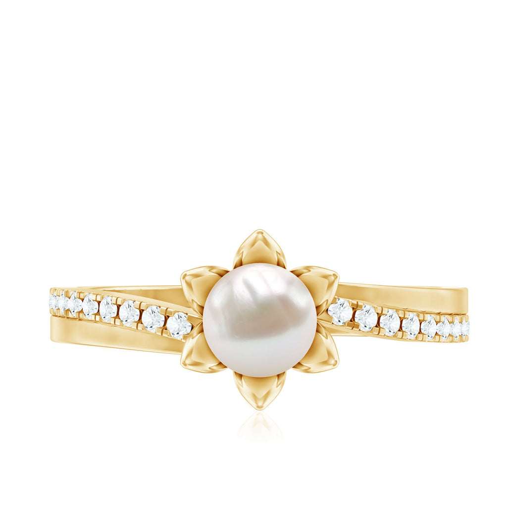 2.25 CT Floral Freshwater Pearl Bypass and Diamond Engagement Ring in Gold