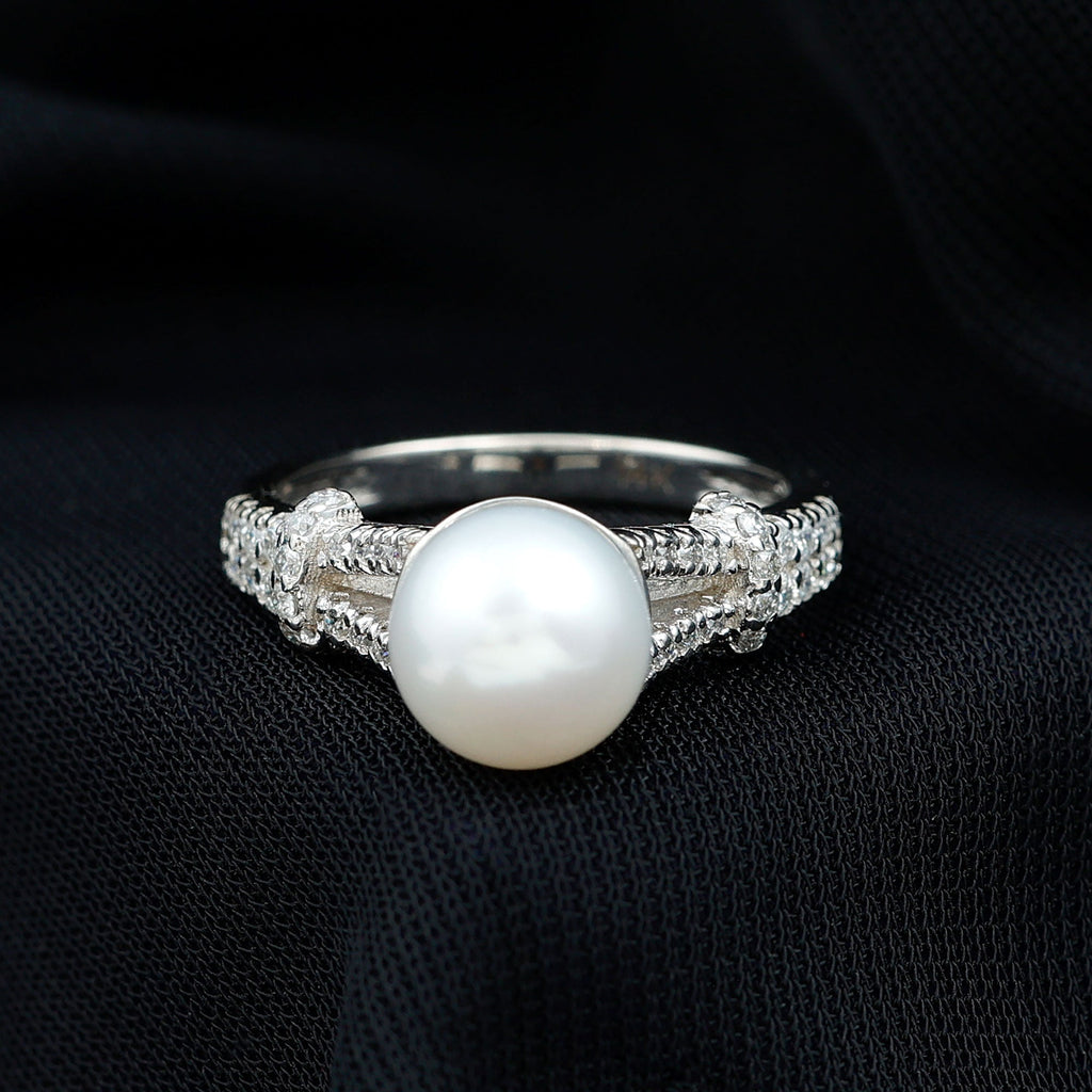 Natural 8 MM Pearl Solitaire Engagement Ring with Moissanite
