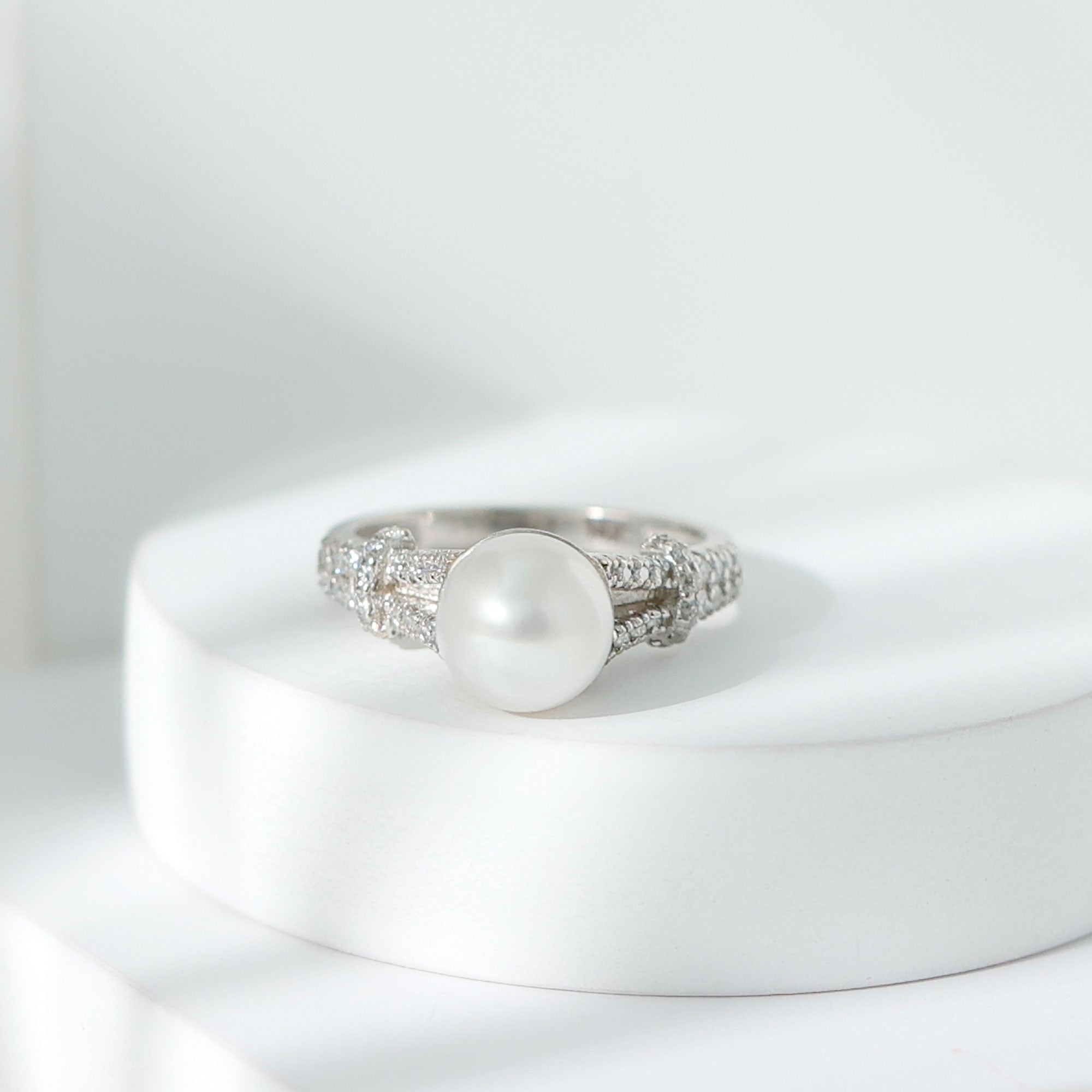 Natural 8 MM Pearl Solitaire Engagement Ring with Moissanite